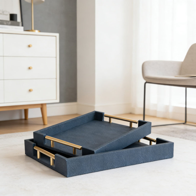 Decorative Tray Set Of 2 With Gold Handles, Faux Shagreen Leather Serving Trays For Coffee Table, Ottoman, Kitchen And Home Decor, Rectangular Organizer With Velvet Base