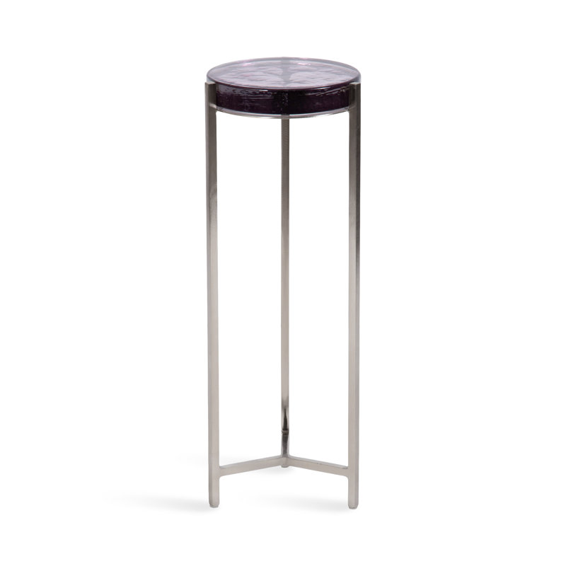 Eveland Round Metal Drink Table, Silver, Purple Glass