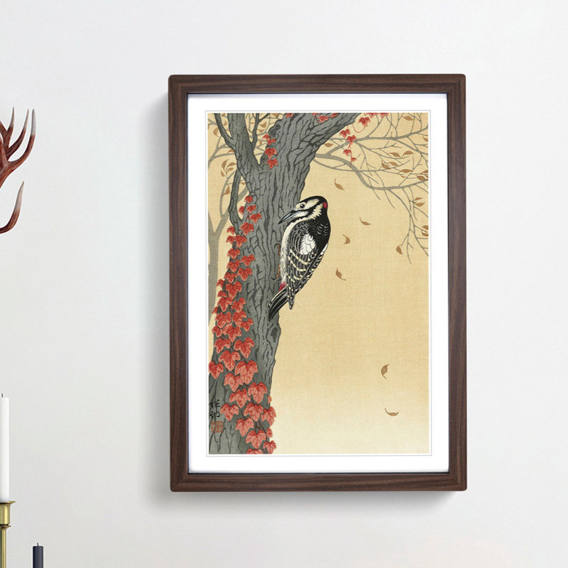 Great Spotted Woodpecker by Ohara Koson - Picture Frame Painting Print, 36cm H x 27cm W x 2cm D, Walnut Framed