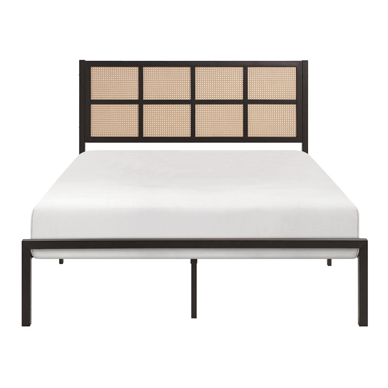 Grand lit plateforme en métal, bronze foncé et tête de lit en fausse canne enchanteur, Grand lit, Bronze