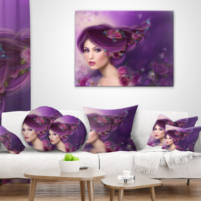 Coussin décoratif portrait abstrait designart’femme avec poils mauves