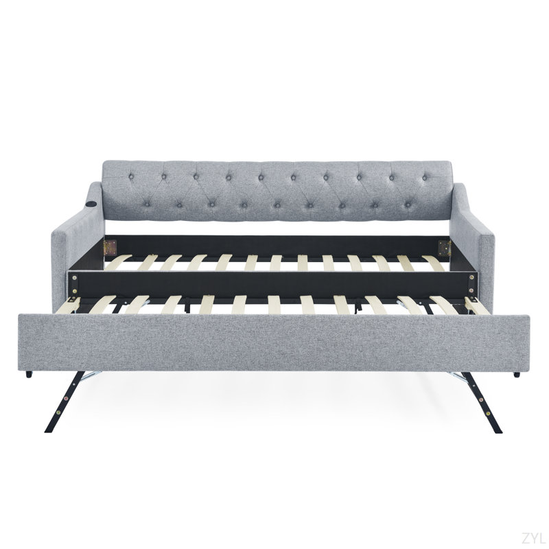 Twin Size Upholstery Daybed With Twin Size Erectable Trundle And USB Charging Design, Gray