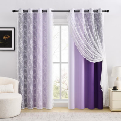 Ombre Blackout Curtains 4 Pcs Set Mix & Matched - 2 Pcs Leaf Sheer Lace Sheer & 2 Pcs Ombre Blackout Room Darkening Window Curtains for Bed Room Living Room 84 Inch Long Grommet Thermal Insulated Sunlight Blocking Noise Reducing Purple Color