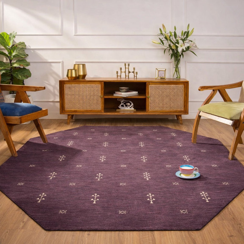 Tapis en laine écologique tissés à la main - 3 m x 3 m, octogonal | Couleur violette, style contemporain moderne, épais, à poils longs, antidérapant, idéal pour le salon et la chambre.
