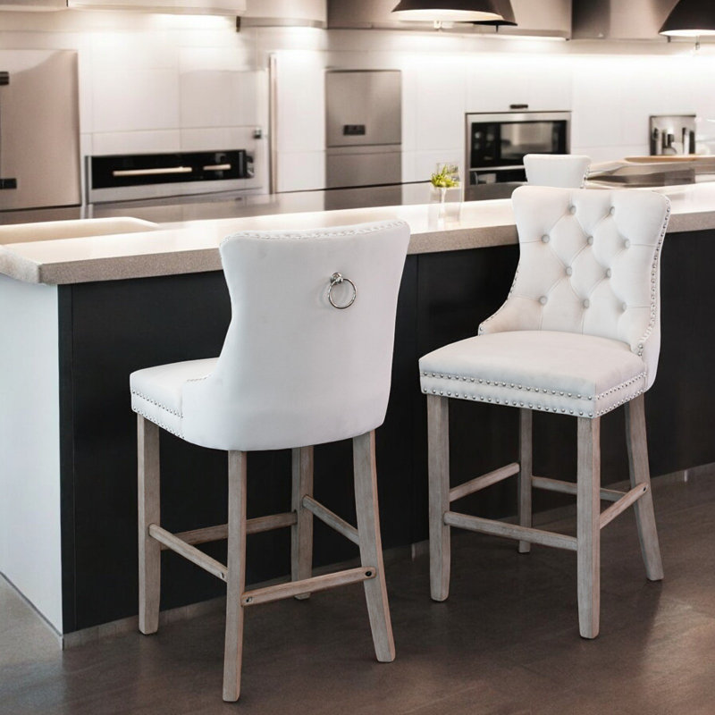 Beige Velvet Upholstered Bar Stools with Natural Wood Legs, Set of 2