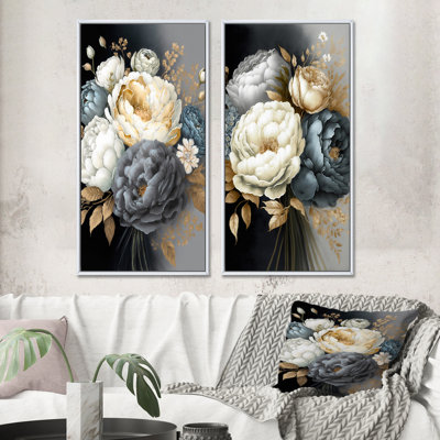 Bouquet de pivoines blanches, bleues et grises - ensemble de 2 pièces