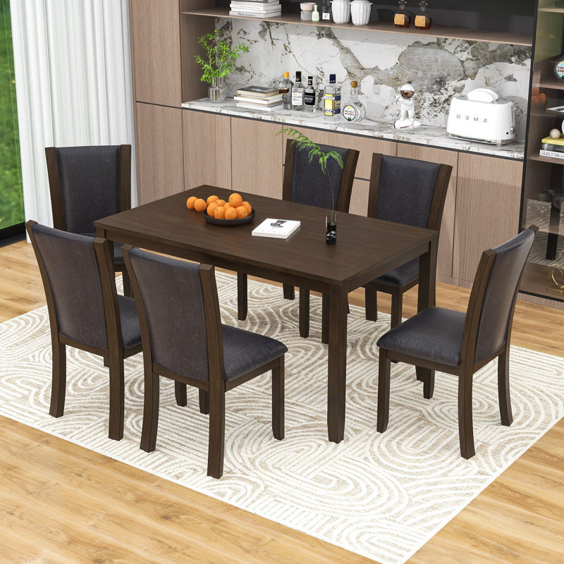 Ensemble de table de salle à manger 7 pièces, table de salle à manger rectangulaire en bois avec 6 chaises rembourrées en polyuréthane