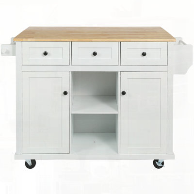 Kitchen Cart With Rubber Wood Drop-Leaf Countertop ,Cabinet Door Internal Storage Racks,Kitchen Island On 5 Wheels With Storage Cabinet And 3 Drawers For Dinning Room