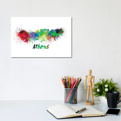 Athens Skyline In Watercolour by Paul Rommer - Wrapped Canvas Print