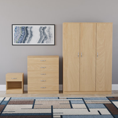 Maybery 3 Piece Bedroom Set (1 Drawer Bedside Chest, 5 Drawer Chest, 3 Door Wardrobe), (5)