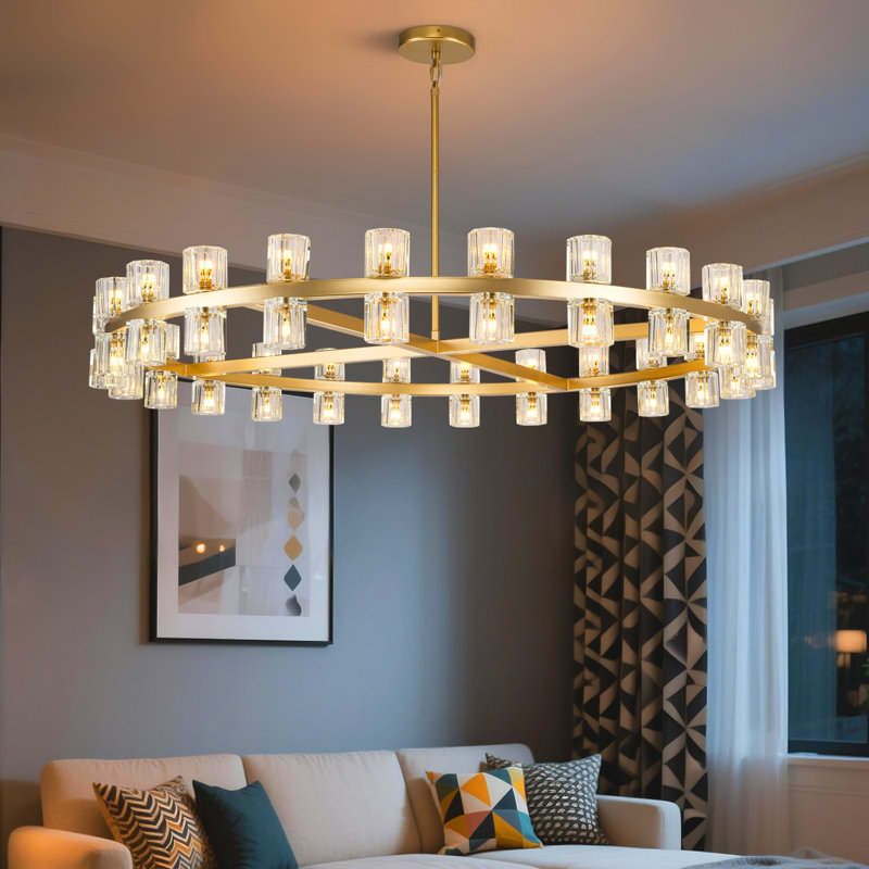 36"/48"/60" Dimmable Round Crystal Cup Large Chandelier, Brass, 96" H x 36" W x 36" D