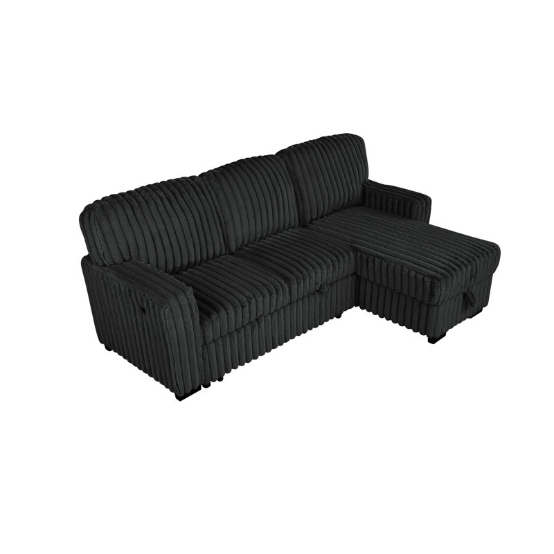 2 Piece Corduroy Sectional With Pull Out Sleeper Sofa Bed And Reversible Storage Chaise, Black Corduroy
