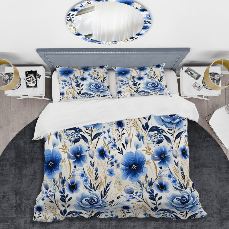 Blue Boho Chic Floral Pattern II Box Stitch Floral Duvet Cover, Twin Duvet Cover + 1 Standard Sham