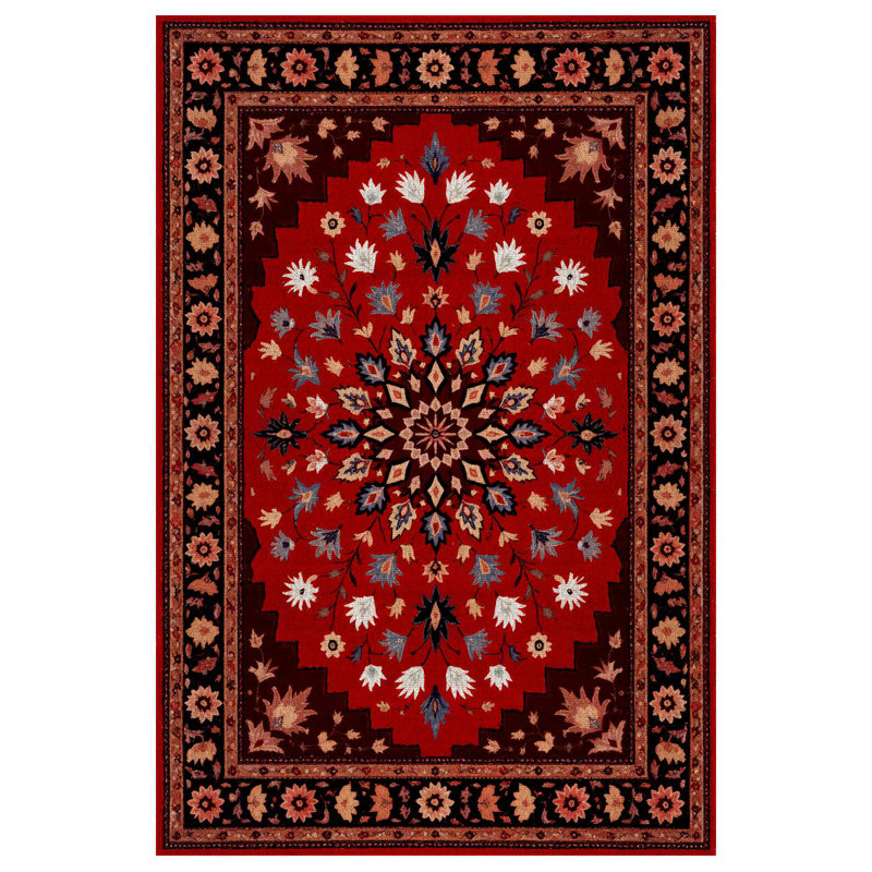 Floral Harmony Collection Digital Print Cotton-Polyester Blend Rug – Red & Floral Pattern, Rectangle 4' x 7'3"