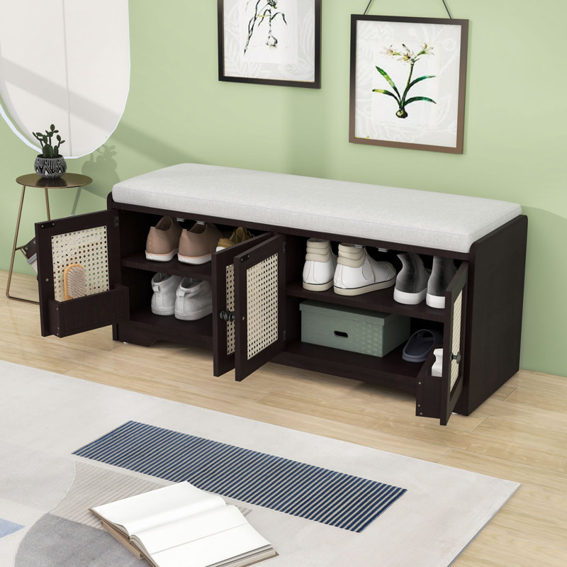Banc de rangement rustique avec portes en rotin tissé, tablettes réglables et coussin amovible pour le vestibule, Espresso