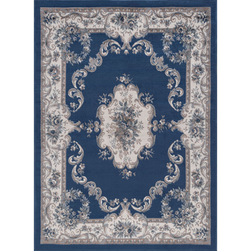 Riter Dark Blue / Navy / Cream Aubusson Oriental Rug, Rectangle 5' x 7'
