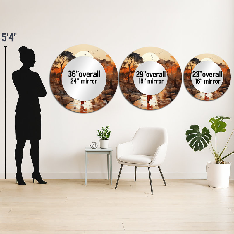 Voyage africain - miroir d'art africain, miroir mural rond orange, impression d'art en métal, 23 po x 23 po