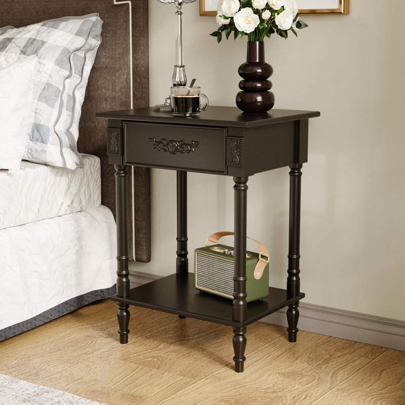 1-Shelf And 1-Drawer Nightstand With Elegent Design, Black