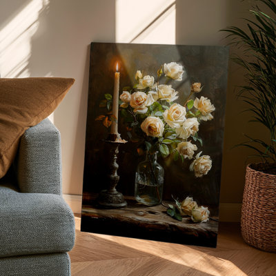 Classic Vintage Still Life White Roses and Burning Candle Graphic Art- Dining Room & Living Room Wall Decor