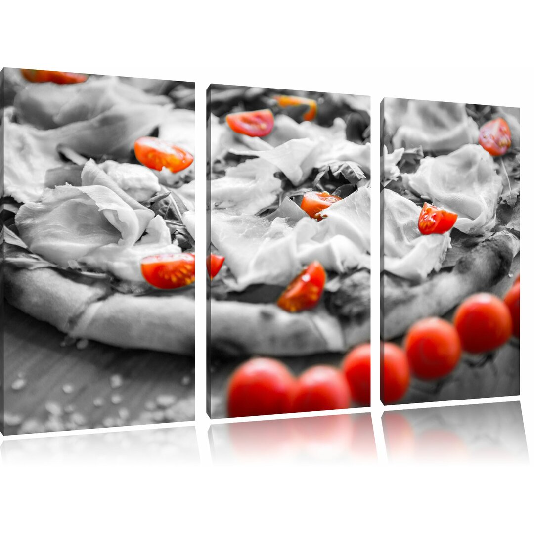 3-tlg. Leinwandbilder-Set „Köstliche Pizza mit Schinken und Tomaten“, Fotodruck