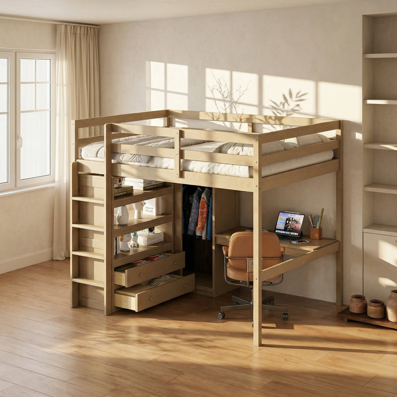 Lit mezzanine double avec garde-robe, bureau et 2 tiroirs noyer l 56,9 po x P 79,5 po x H 67,5 po