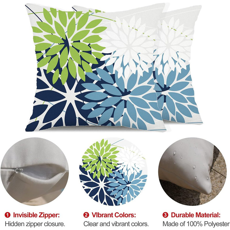 Ensemble de 2 housses de coussin en laine à carreaux, Blanc / vert / bleu floral