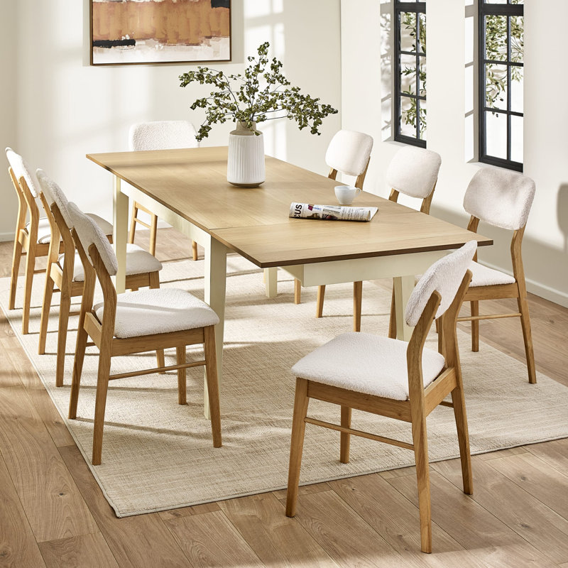 Extendable Solid Wood Base Dining Table, Oak Wood, Cream