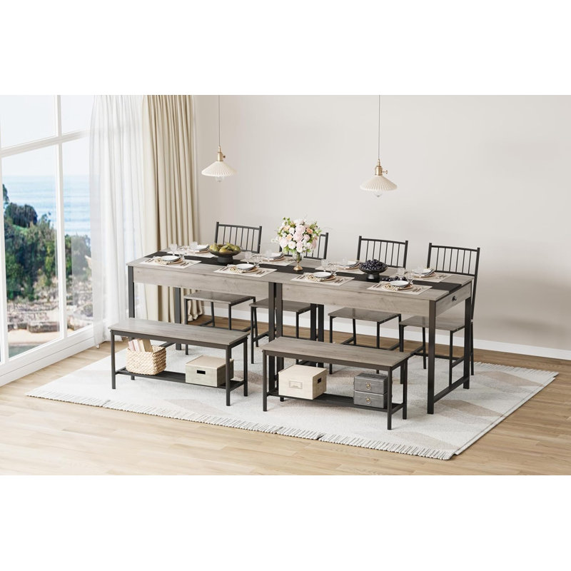 4-Piece Dining Table Set for 4 People,Rectangular Kitchen Table Set with 2 Chairs & 1 Bench,Double Side Drawers, for Dining Room,Kitchen,Restaurant,Yard