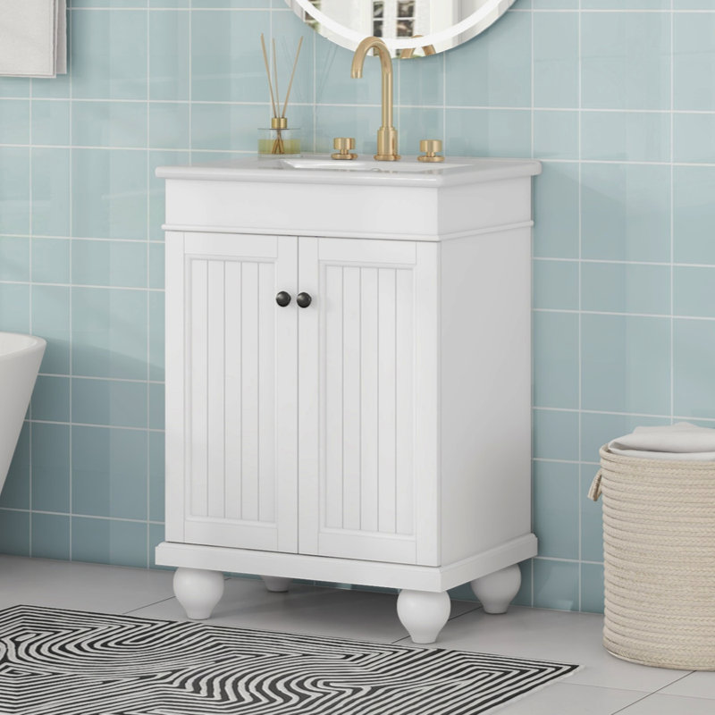 Lavabo de salle de bain élégant en céramique avec cadre en bois massif, tablette réglable, Blanc