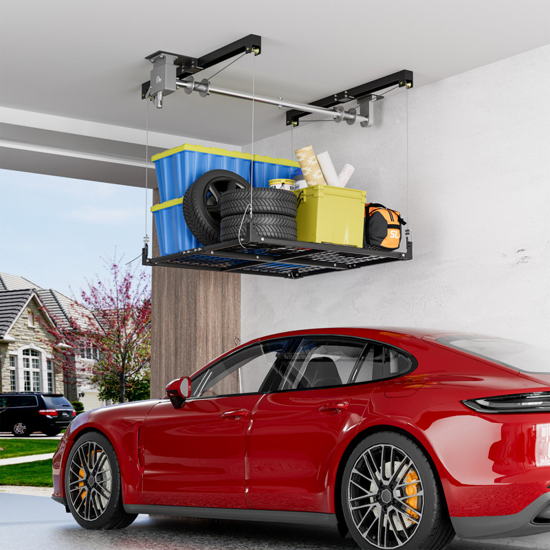 Élévateur de rangement pour garage robuste avec poutre en H renforcée 4 x 4 pi, support pour plafond à manivelle avec verrou sécuritaire, capacité de 400 lb, noir