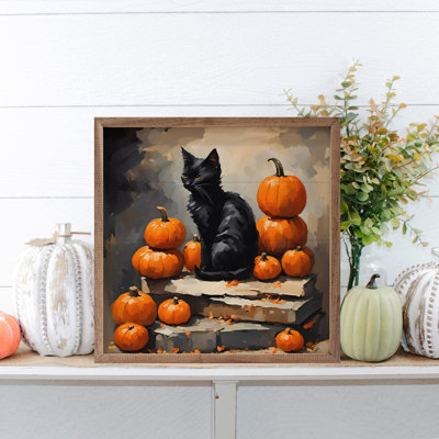" Black Cat With Pumpkin Stack "