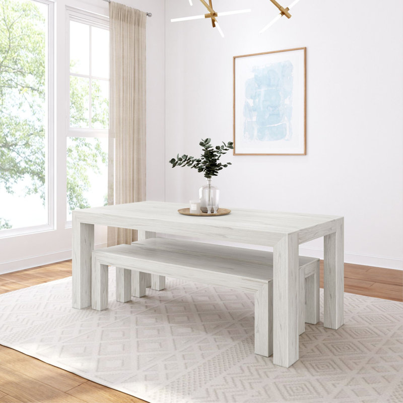 Ensemble de salle à manger moderne en bois de pin massif pour 6 personnes Linzy, Sable blanc brossé au fil