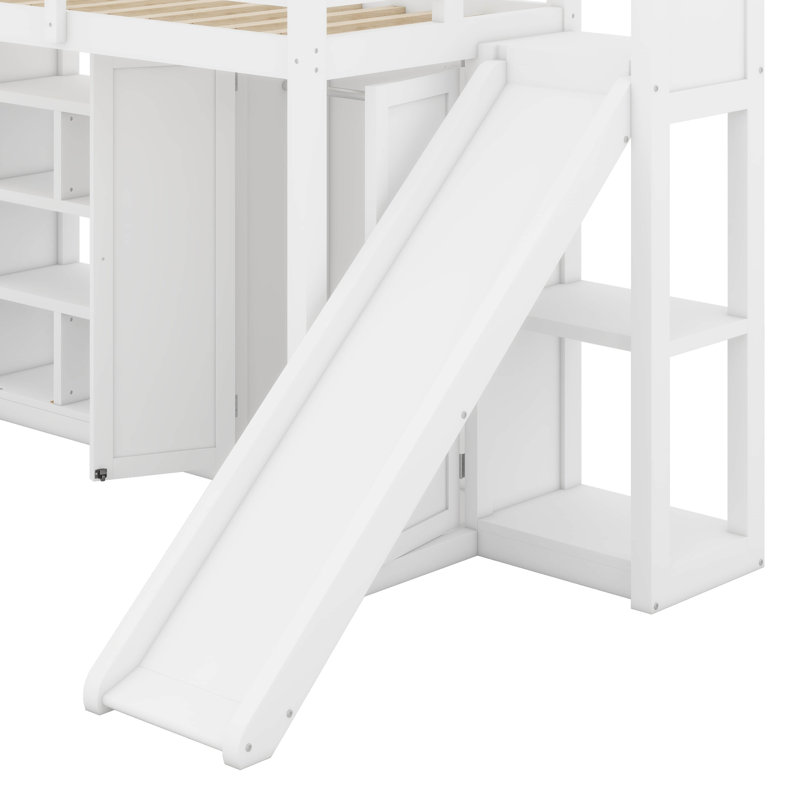 Lit mezzanine simple avec garde-robe, structure de lit mezzanine en bois massif avec glissoire, fenêtre, tablettes de rangement et lumières DEL