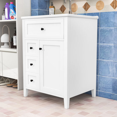 Meuble-lavabo 4 tiroirs avec lavabo en céramique, tablettes réglables et armoire de rangement