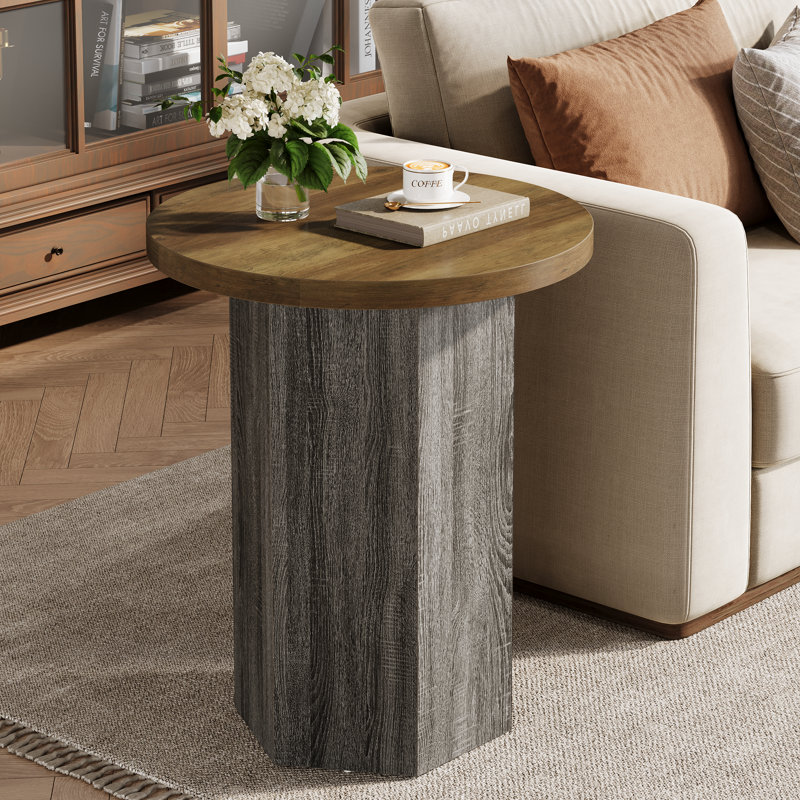 Table de bout ronde, table d'appoint en bois de ferme avec piédestal hexagonal