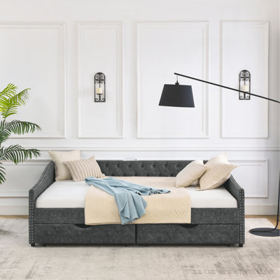 Queen Size Daybed With Drawers Upholstered Tufted Sofa Bed,,With Button On Back And Copper Nail On Waved Shape Arms, Grey (84.5"X63.5"X26.5")