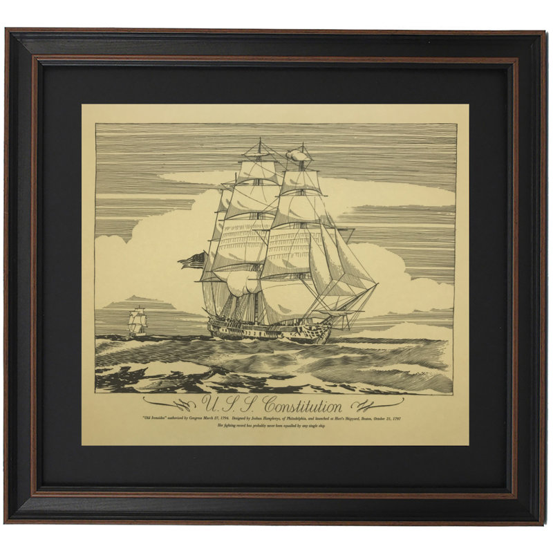 Dessin de la USS Constitution (Old Iron Sides) | Reproduction d'art textuel encadrée sur parchemin antique