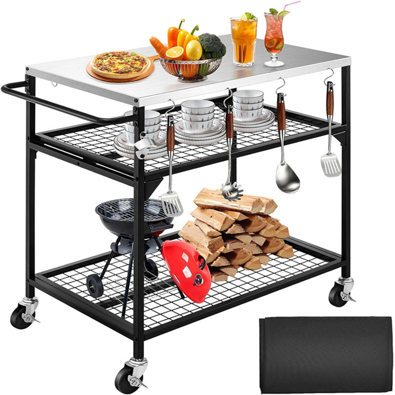 Taveyon Stainless Steel Outdoor Grill Cart, Grill Table with 4 Brakable Swivel Casters Three-Shelf Movable Food Prep and Work Cart Table Heavy Duty Pizza Oven Table, 35.43"×19.69"×35.43", Cover included