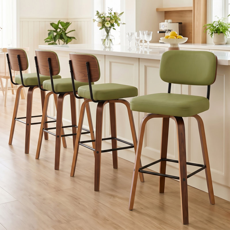 Tabouret de bar pivotant rembourré avec structure en bois courbé au fini noyer, Vert, 29.5