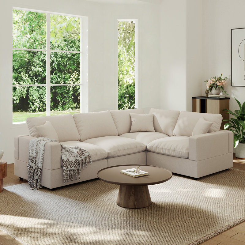 Upholstered Cloud Couch, Modular Sectional Sofa L-shaped Couch for Living Room Bedroom, Khaki