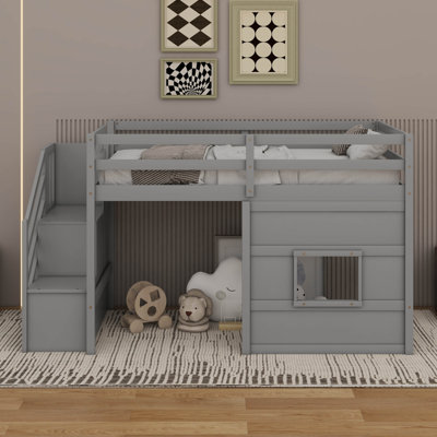 Low Loft Bed With Stairs, Twin Size Storage Loft Bed Frame With Staircase And Window by Harriet Bee