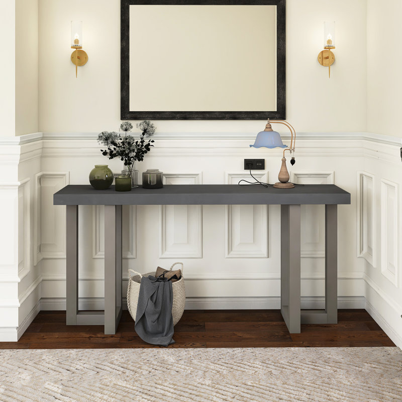 63" Wood Console Table With Solid Pine Legs, Gray, Gray