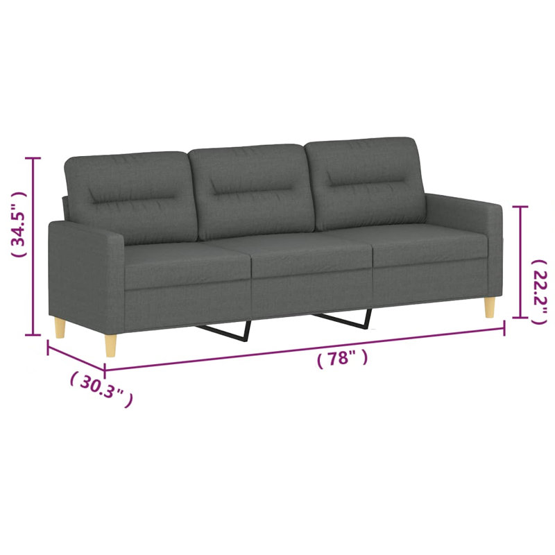 Canapé moderne 3 places en polyester gris foncé, aspect minimaliste 78 pouces