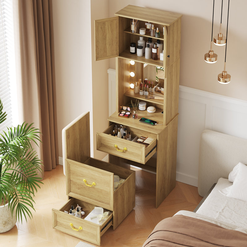 Dressing Table with Mirror, Beige