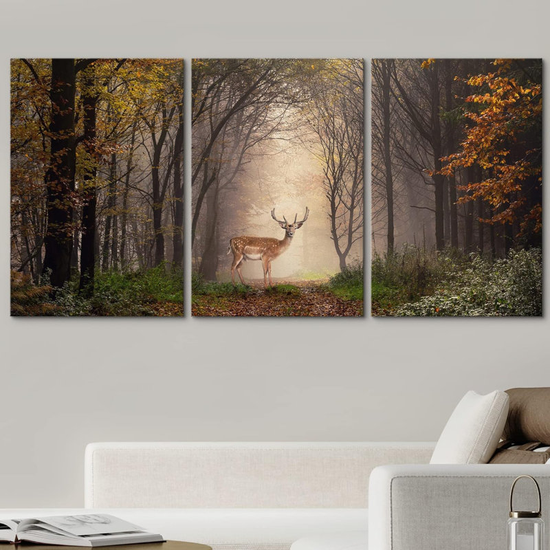 " Fallow Deer Standing In A Dreamy Misty Forest " 3 - Pieces, 36" H x 72" W x 1.5" D