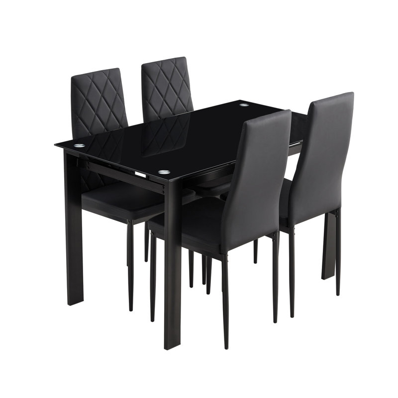 Noir 5 meubles de salle à manger avec table et chaise en cuir PU Chaises confortables en verre robuste