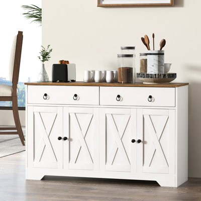Buffet avec 2 tiroirs, armoires de rangement, 4 portes, tablettes réglables, plateau en grain de bois blanc, armoire de rangement pour les armoires et le comptoir de l'entrée