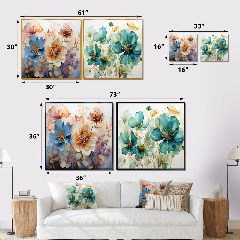Coral Petal Symphony - ensemble de 2 collages carrés botaniques abstraits, Cadre flottant noir, H 16 po x l 33 po