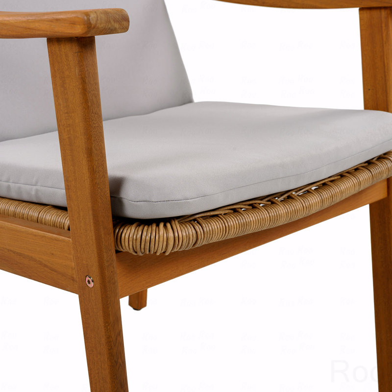 Set Of 2 Outdoor Patio Dining Chair, Teak Color Acacia Wooden Frame, Brown PE Wicker Grey Waterproof Cushion, Gray