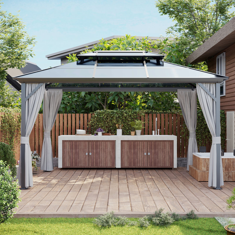 Gray 10x13ft Aluminum Hardtop Gazebo with Curtains and Netting